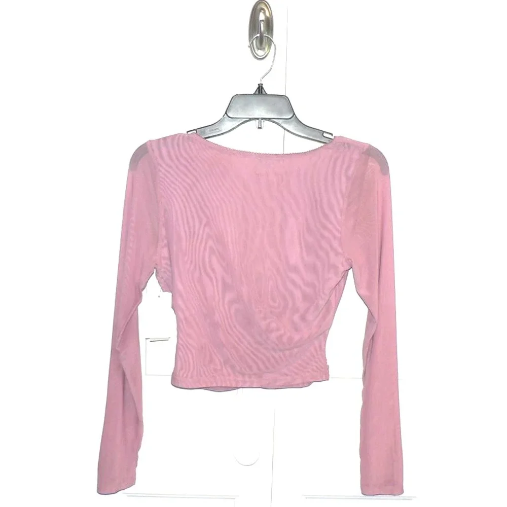 BP. Women's Long Sleeve V-Neck Faux Wrap Mesh Crop Top in Pink Nostalgia Small